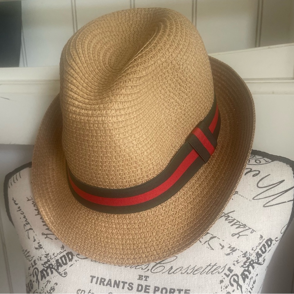 Tan Fedora Hat with Red Band and Classic Design